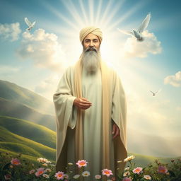 A radiant depiction of Imam Mahdi, the awaited savior in Islamic belief, surrounded by a lush oasis landscape