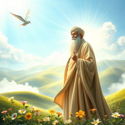 A radiant depiction of Imam Mahdi, the awaited savior in Islamic belief, surrounded by a lush oasis landscape
