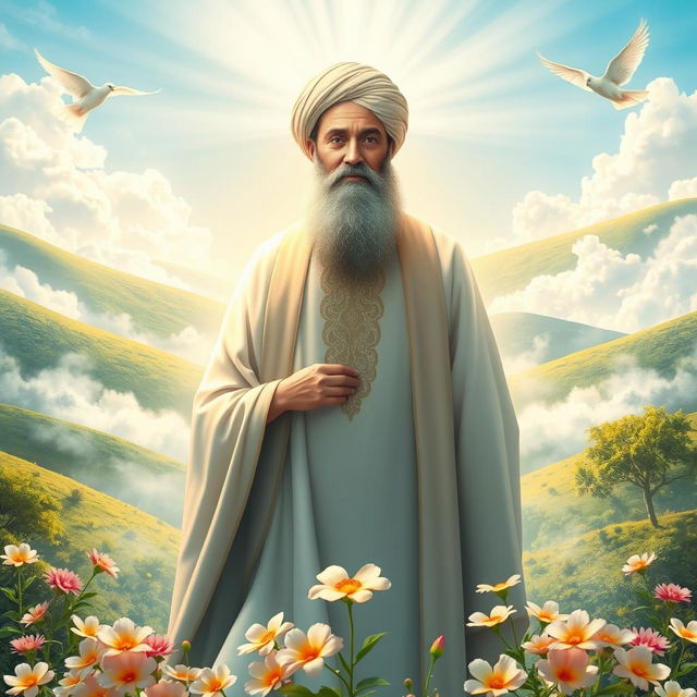 A radiant depiction of Imam Mahdi, the awaited savior in Islamic belief, surrounded by a lush oasis landscape
