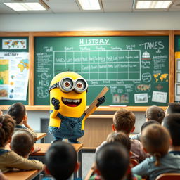 A cheerful yellow Minion character teaching history to a classroom full of students