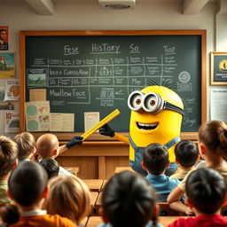 A cheerful yellow Minion character teaching history to a classroom full of students