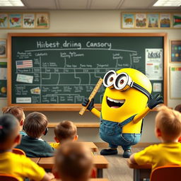 A cheerful yellow Minion character teaching history to a classroom full of students
