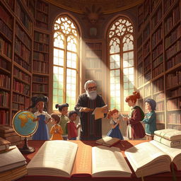 A beautifully illustrated scene inspired by the concept of seeking knowledge from cradle to grave, featuring an ornate library filled with books
