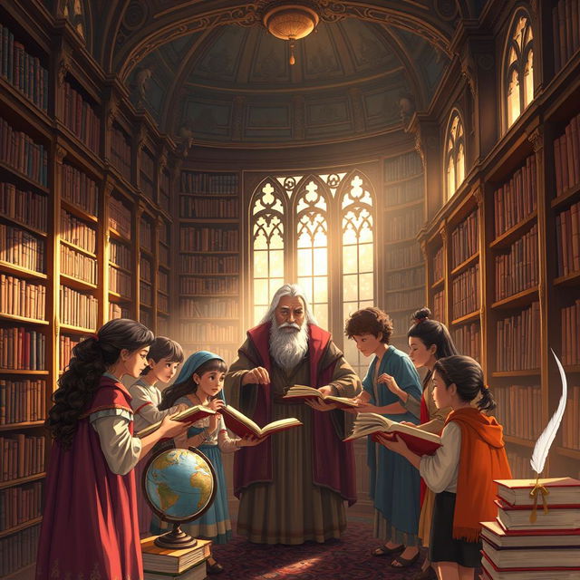 A beautifully illustrated scene inspired by the concept of seeking knowledge from cradle to grave, featuring an ornate library filled with books