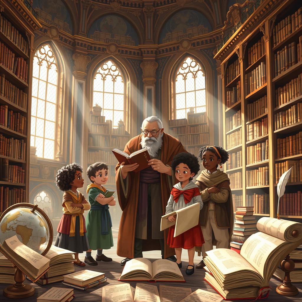 A beautifully illustrated scene inspired by the concept of seeking knowledge from cradle to grave, featuring an ornate library filled with books