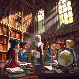 A beautifully illustrated scene inspired by the concept of seeking knowledge from cradle to grave, featuring an ornate library filled with books