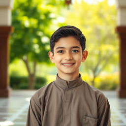 A portrait of a young religious boy, dressed in traditional modest clothing