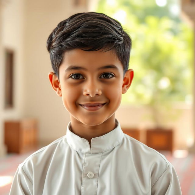 A portrait of a young religious boy, dressed in traditional modest clothing