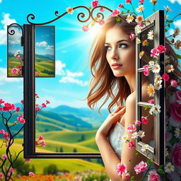 A whimsical scene combining two images; the first image of a vibrant landscape fills the background, featuring rolling hills and a bright blue sky