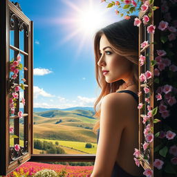 A whimsical scene combining two images; the first image of a vibrant landscape fills the background, featuring rolling hills and a bright blue sky