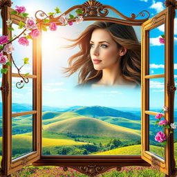 A whimsical scene combining two images; the first image of a vibrant landscape fills the background, featuring rolling hills and a bright blue sky