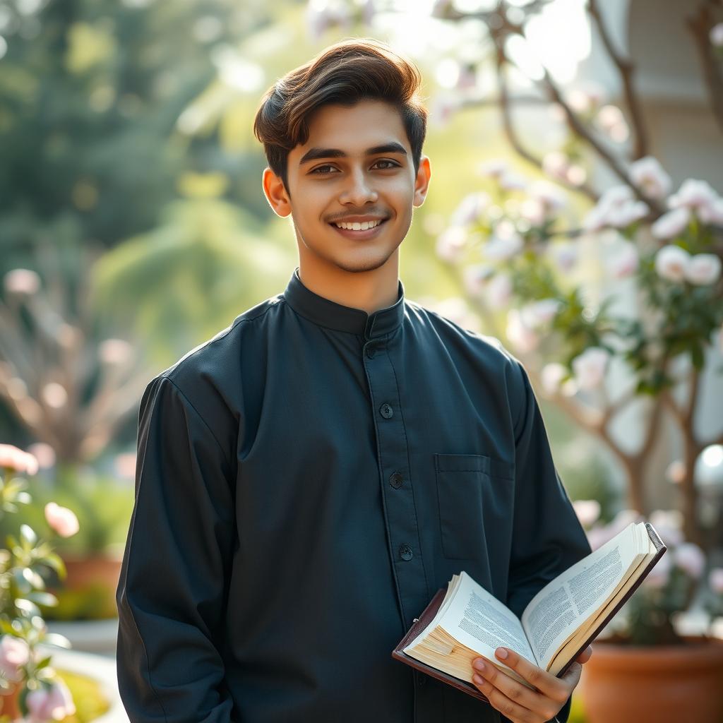 A young religious man in his early twenties, dressed in traditional modest attire