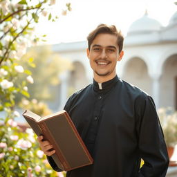 A young religious man in his early twenties, dressed in traditional modest attire