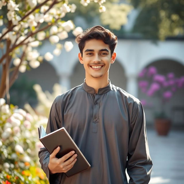 A young religious man in his early twenties, dressed in traditional modest attire
