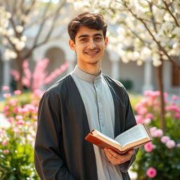 A young religious man in his early twenties, dressed in traditional modest attire