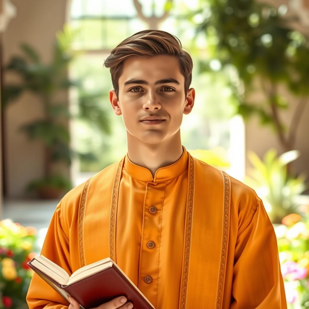 A young religious man in his early twenties, wearing traditional attire that reflects his faith