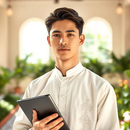 A young religious man in his early twenties, wearing traditional attire that reflects his faith