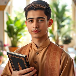 A young religious man in his early twenties, wearing traditional attire that reflects his faith