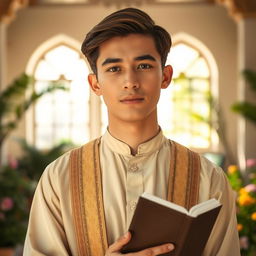 A young religious man in his early twenties, wearing traditional attire that reflects his faith