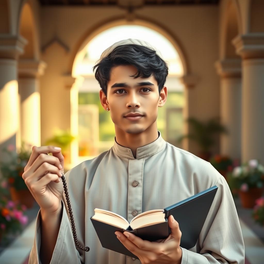 A young religious man in his early twenties, wearing traditional modest clothing, such as a long robe or tunic