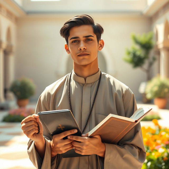 A young religious man in his early twenties, wearing traditional modest clothing, such as a long robe or tunic