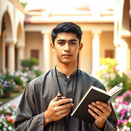 A young religious man in his early twenties, wearing traditional modest clothing, such as a long robe or tunic