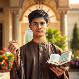 A young religious man in his early twenties, wearing traditional modest clothing, such as a long robe or tunic