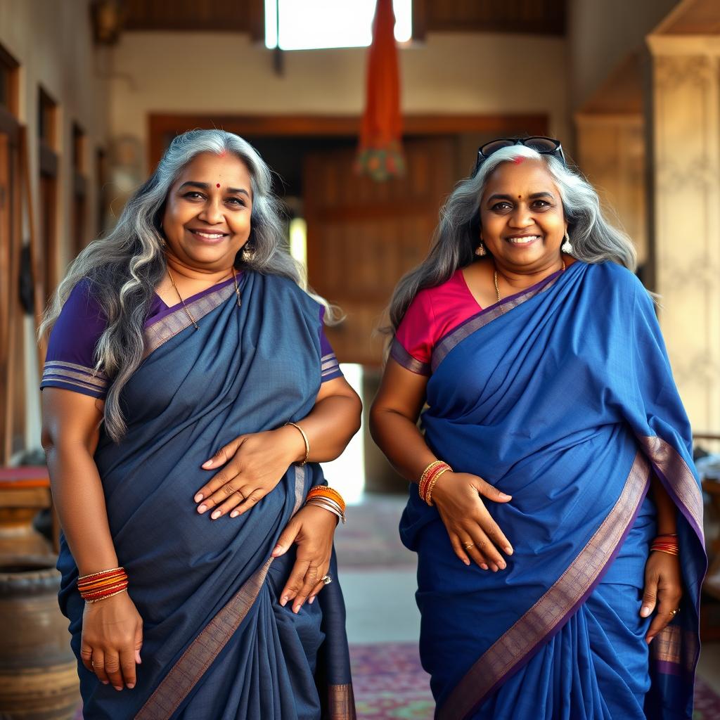 Two mature Indian housewives in their 55s, plus-size, buxom and voluptuous, with dusky skin and long grey hair
