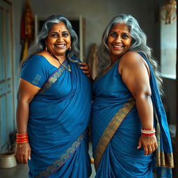 Two mature Indian housewives in their 55s, plus-size, buxom and voluptuous, with dusky skin and long grey hair