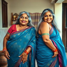 Two mature Indian housewives in their 55s, plus-size, buxom and voluptuous, with dusky skin and long grey hair