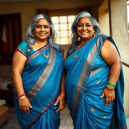 Two mature Indian housewives in their 55s, plus-size, buxom and voluptuous, with dusky skin and long grey hair