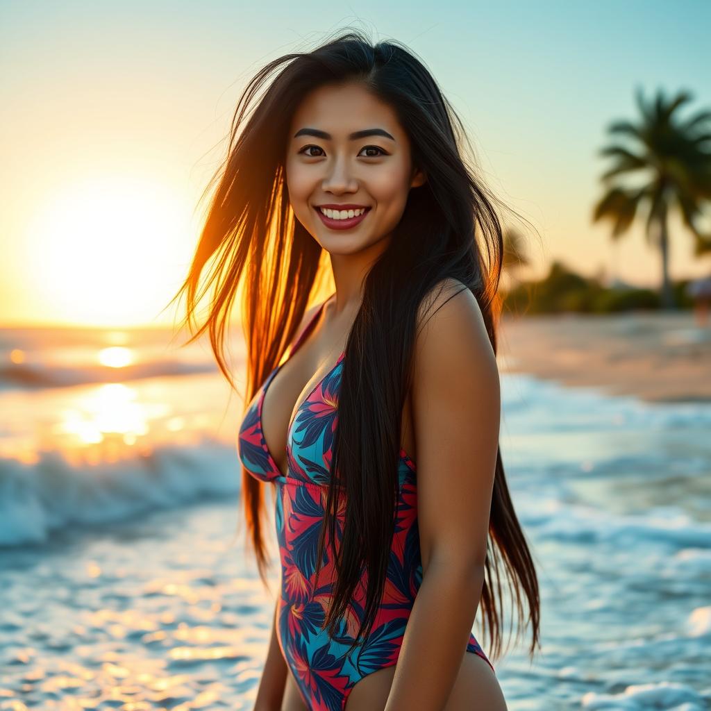 A gorgeous Asian woman with long black hair styled beautifully, wearing a stunning and vibrant bathing suit