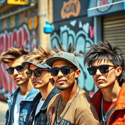 A stylish group of diverse men showcasing trendy mullet hairstyles