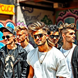 A stylish group of diverse men showcasing trendy mullet hairstyles