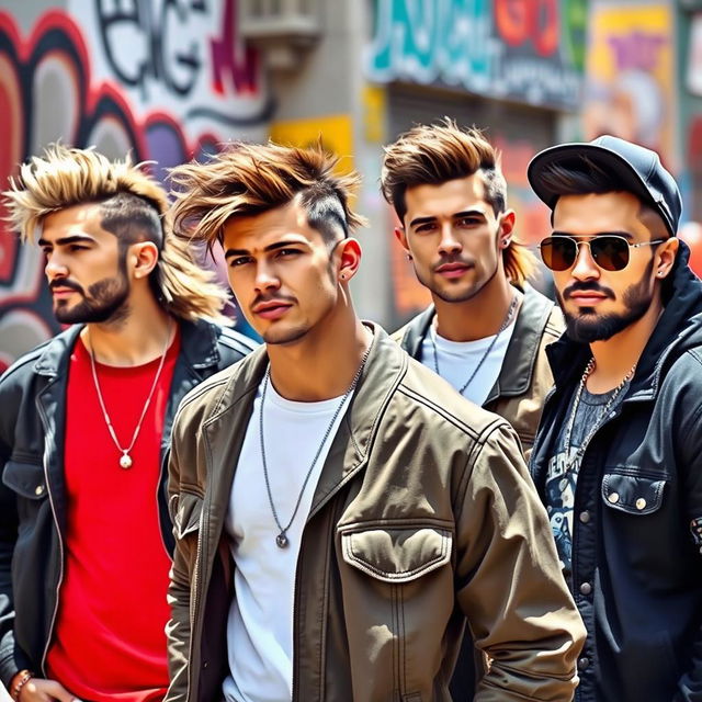 A stylish group of diverse men showcasing trendy mullet hairstyles