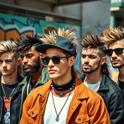 A stylish group of diverse men showcasing trendy mullet hairstyles