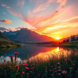 A stunningly sharp and vibrant image depicting a serene landscape at sunset