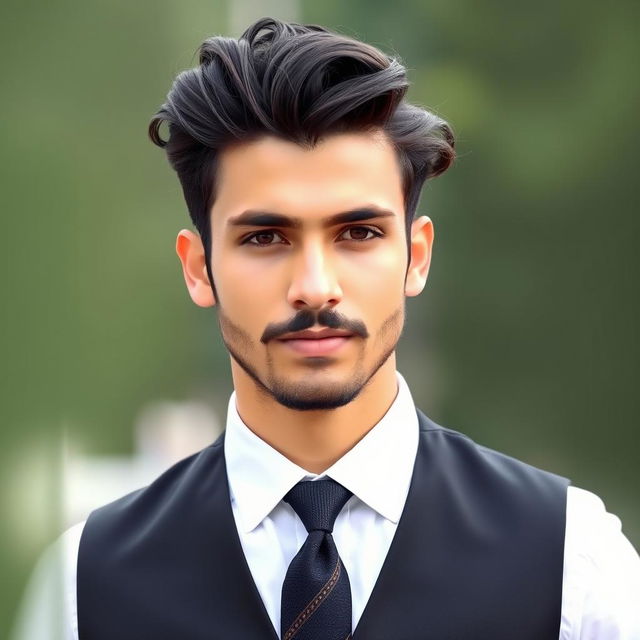 A stylish young man, about 184 cm tall, with a neat appearance, wearing a classic black suit and a crisp white shirt, without a vest