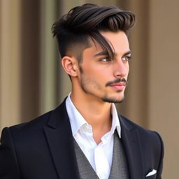 A stylish young man, about 184 cm tall, with a neat appearance, wearing a classic black suit and a crisp white shirt, without a vest