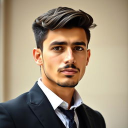 A stylish young man, about 184 cm tall, with a neat appearance, wearing a classic black suit and a crisp white shirt, without a vest