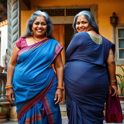Two mature Indian housewives in their 55s, plus-size, buxom and voluptuous, with long faces featuring high cheekbones, dusky skin, and long grey hair