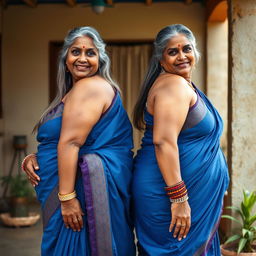 Two mature Indian housewives in their 55s, plus-size, buxom and voluptuous, with long faces featuring high cheekbones, dusky skin, and long grey hair