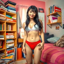 A stylish Asian school girl wearing trendy underwear, standing confidently in a vibrant and colorful bedroom
