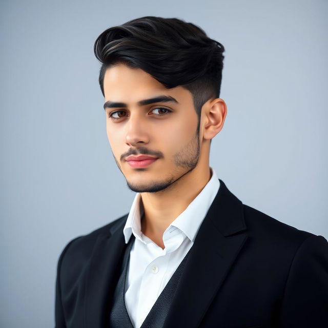 A young man who appears to be approximately 184 cm tall, stylish and attractive, dressed in a tailored black suit and a crisp white shirt, without a vest