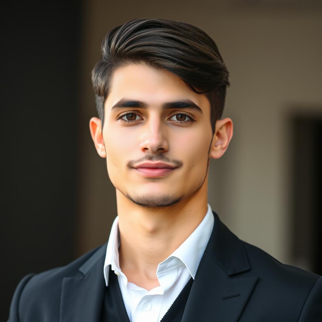 A young man who appears to be approximately 184 cm tall, stylish and attractive, dressed in a tailored black suit and a crisp white shirt, without a vest