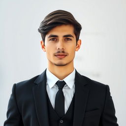 A young man who appears to be approximately 184 cm tall, stylish and attractive, dressed in a tailored black suit and a crisp white shirt, without a vest