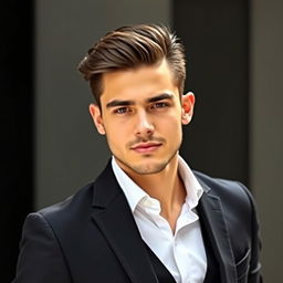 A young man who appears to be approximately 184 cm tall, stylish and attractive, dressed in a tailored black suit and a crisp white shirt, without a vest