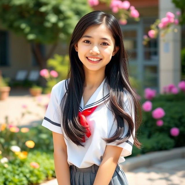 An Asian high school girl in a casual school uniform, portrayed in a playful and youthful setting