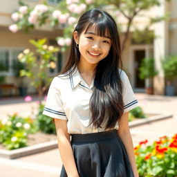 An Asian high school girl in a casual school uniform, portrayed in a playful and youthful setting