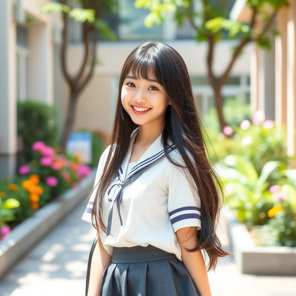 An Asian high school girl in a casual school uniform, portrayed in a playful and youthful setting